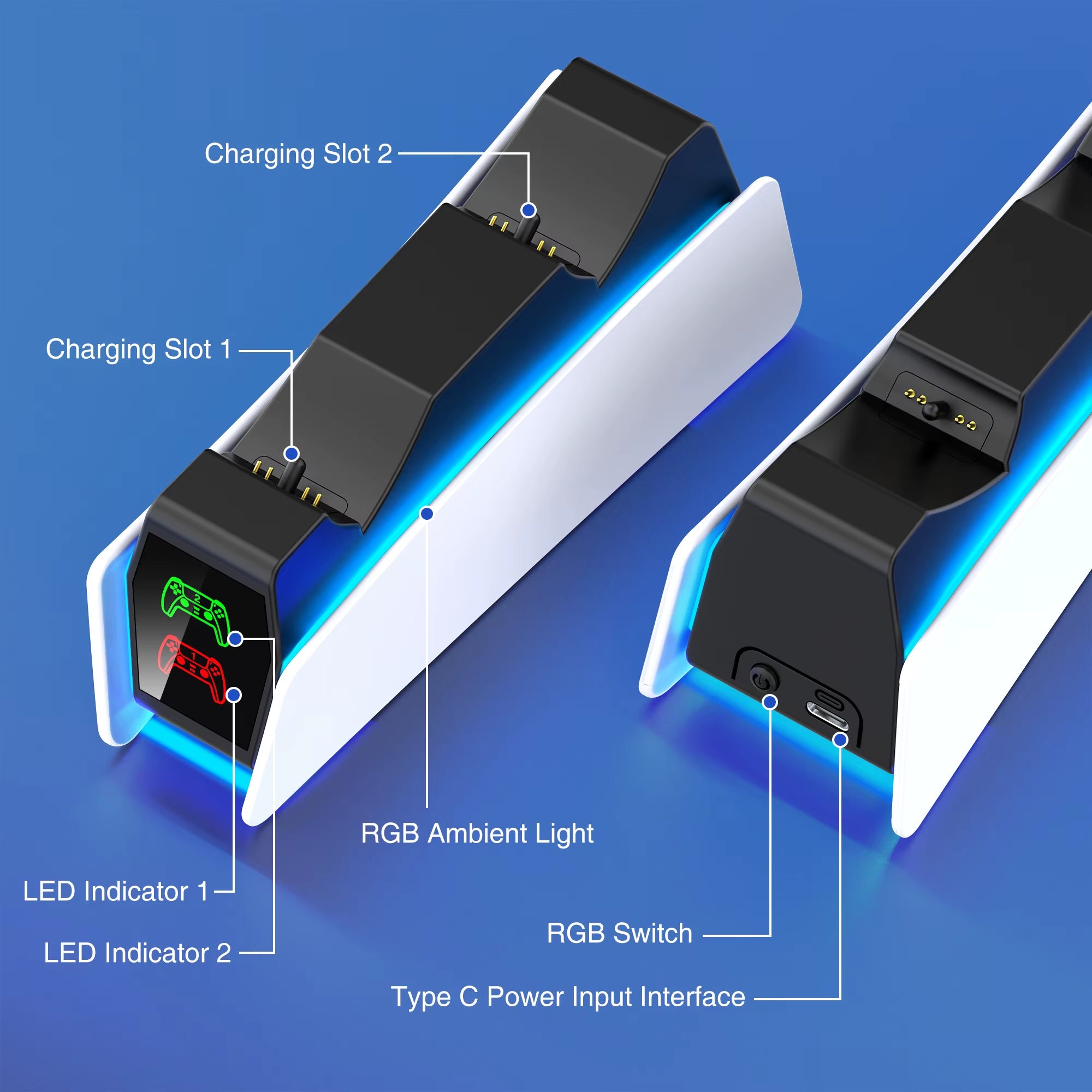 RGB Controller Charging Station for PS5 Dual Fast Charger RGB Indicator Charging Stand Docking Station for PS5 Gamepad