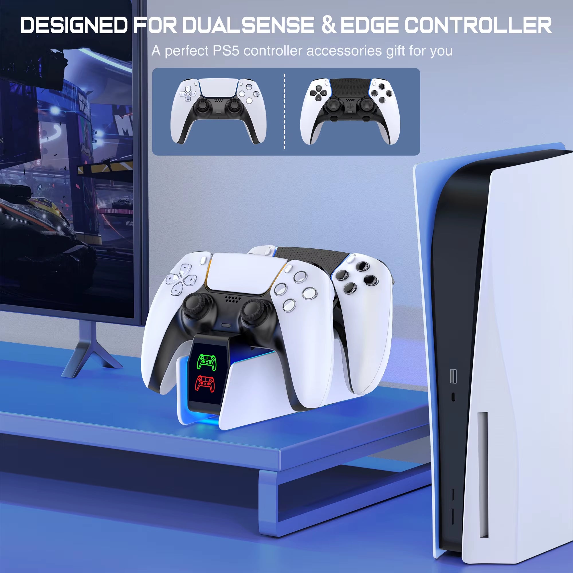 RGB Controller Charging Station for PS5 Dual Fast Charger RGB Indicator Charging Stand Docking Station for PS5 Gamepad